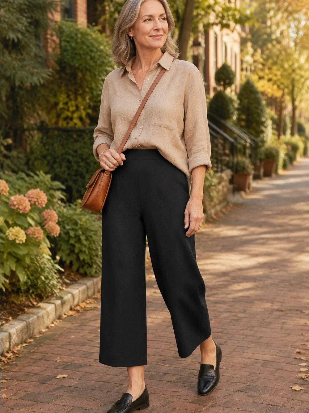 Flax 100% Linen Black Wide-Leg Cropped Trousers